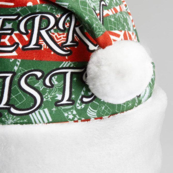 A festive Santa hat featuring a red and green pattern with white trim and a pom-pom on top.