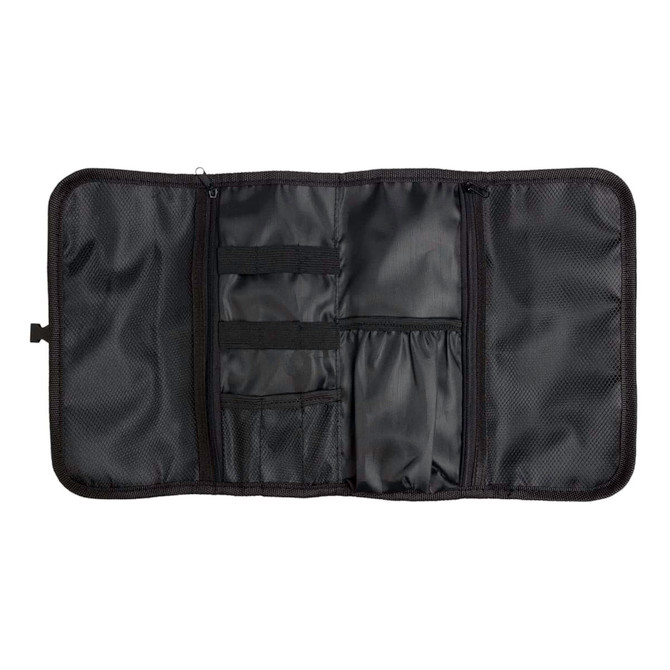 A black toiletry bag organizer with multiple compartments and mesh pockets for storage. It has a zippered closure.