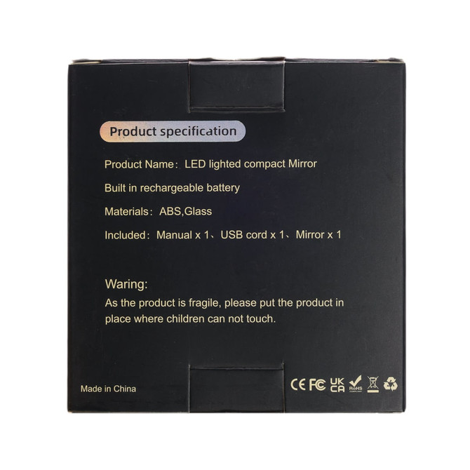 A black box containing product specifications for a LED compact mirror, including materials and included items.