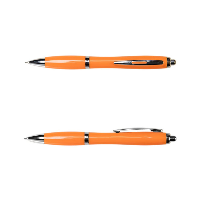 An orange metal pen with a shiny silver clip and trim, displayed from two angles.