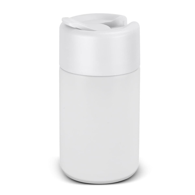 A drink bottle in a sleek, white design with a push lid and curved body, featuring a logo.