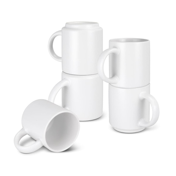 A stack of four white espresso coffee mugs, showcasing a modern design and featuring one logo.