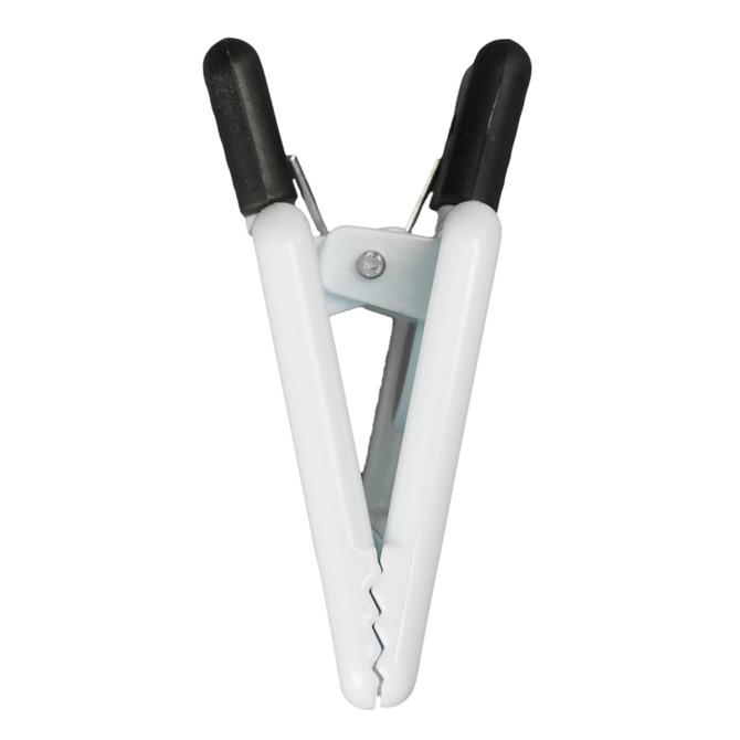 A white Crest Magnetic Clip with black rubber grips, designed for holding papers or notes.