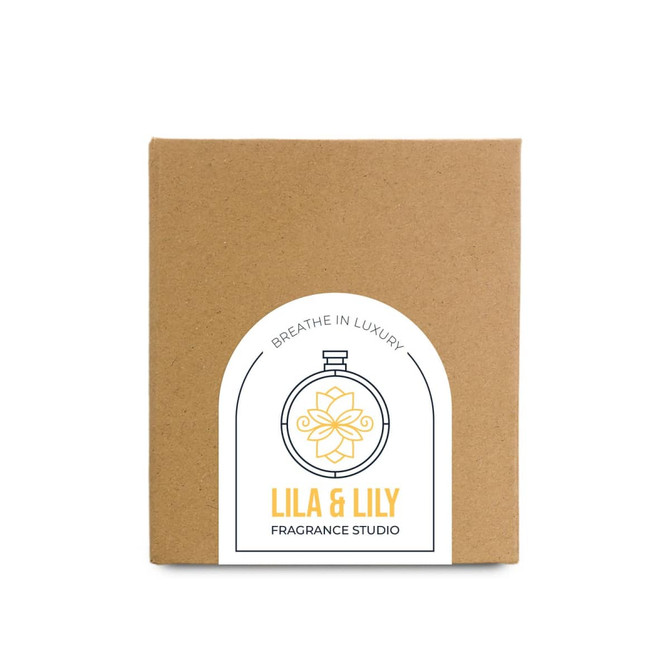 A large brown box with a circular label featuring a floral design and branding for "Lila & Lily Fragrance Studio."