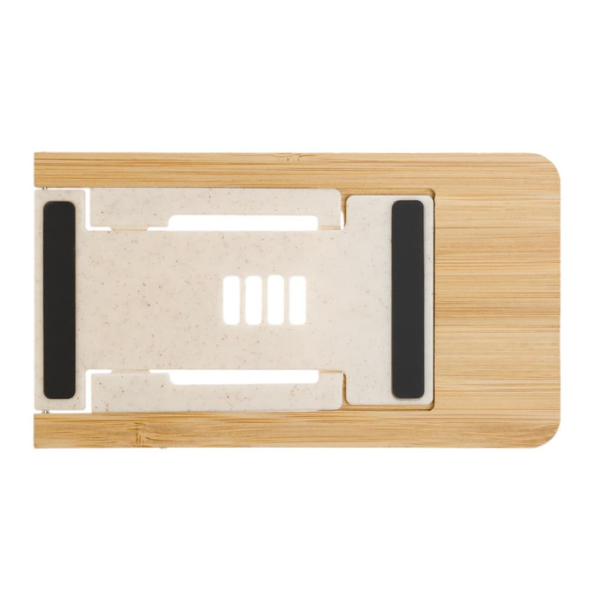 A phone stand made of bamboo, featuring a sleek design with white and black accents.