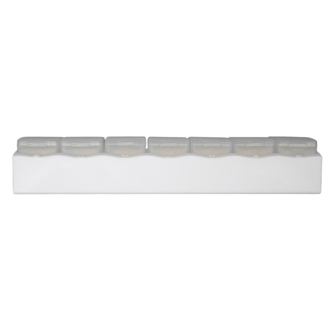 A clear weekly pill box featuring seven compartments for organizing medication, with a white base.