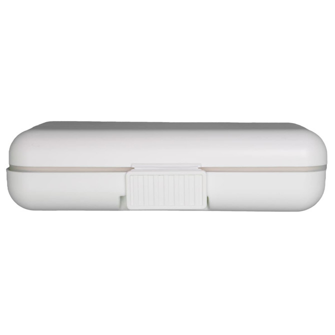 A compact, white pill organizer with a secure clasp, designed for storing medication.