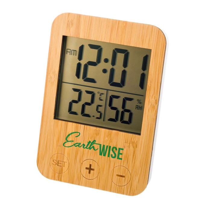 A digital weather station with a bamboo frame displaying time, temperature, and humidity readings, featuring a logo.