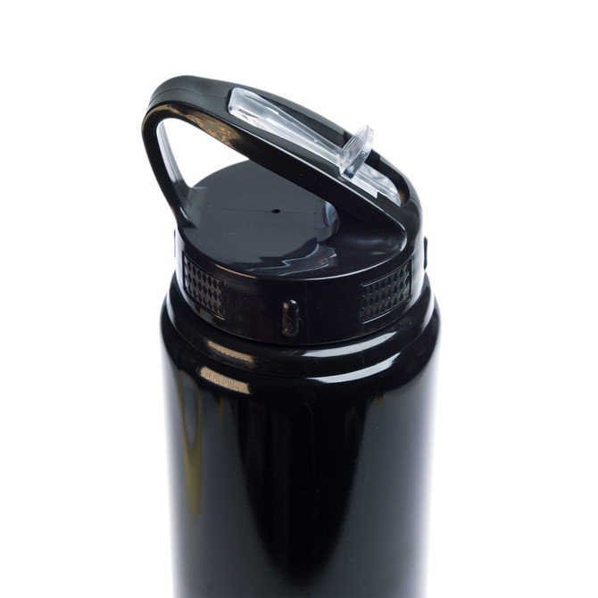 A drink bottle with a flip straw lid in a sleek black design.
