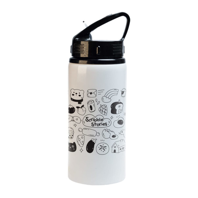 A drink bottle in white with black illustrations and a black flip straw lid, featuring a logo.
