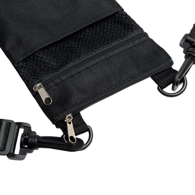 A black Wallaby Neck Pouch features multiple zippered compartments and durable clips for attachment.