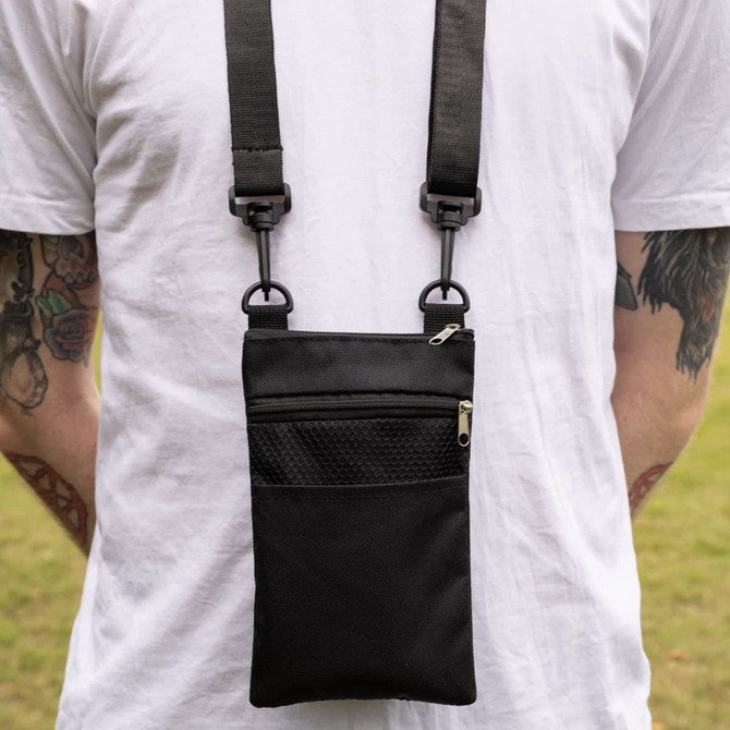 A black neck pouch with a zipper pocket and adjustable straps, worn on the back of a person.