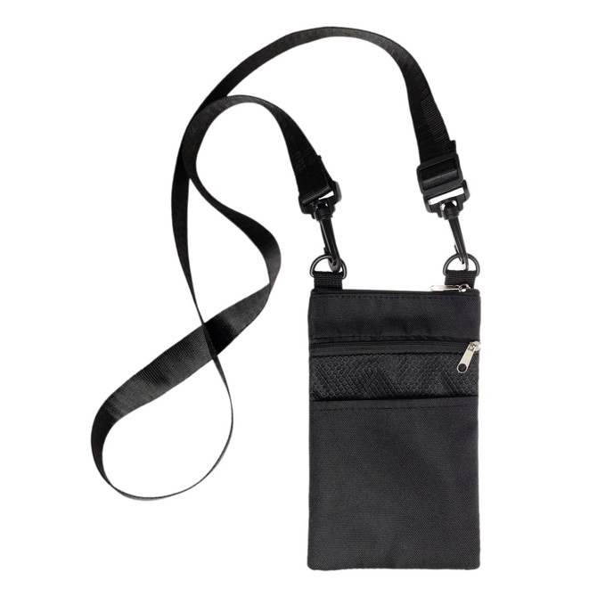 A black neck pouch with a long strap and multiple zippered compartments.