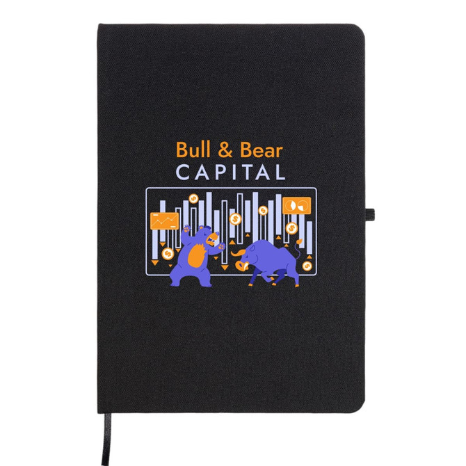 A black A5 notebook featuring a graphic of a bear and a bull with a logo. It has an elastic band closure.