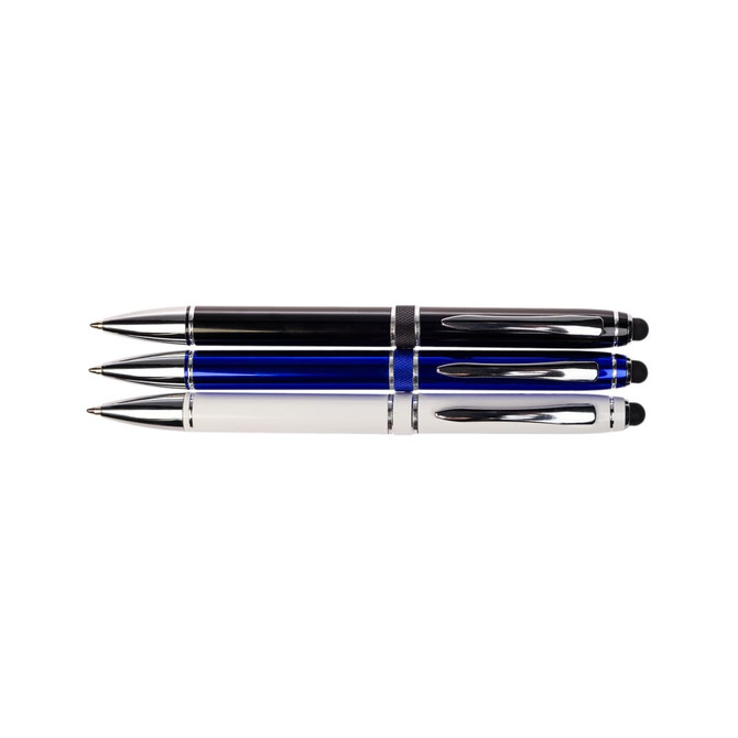 A set of three Columbia Aluminium Pens in black, blue, and white, featuring chrome accents and a sleek design.