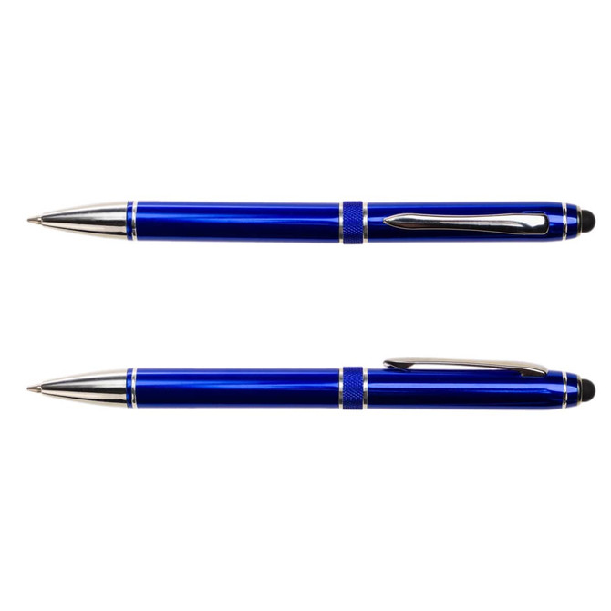 A blue Columbia Aluminium Pen with a sleek metal design and silver accents, featuring a clip and textured grip.