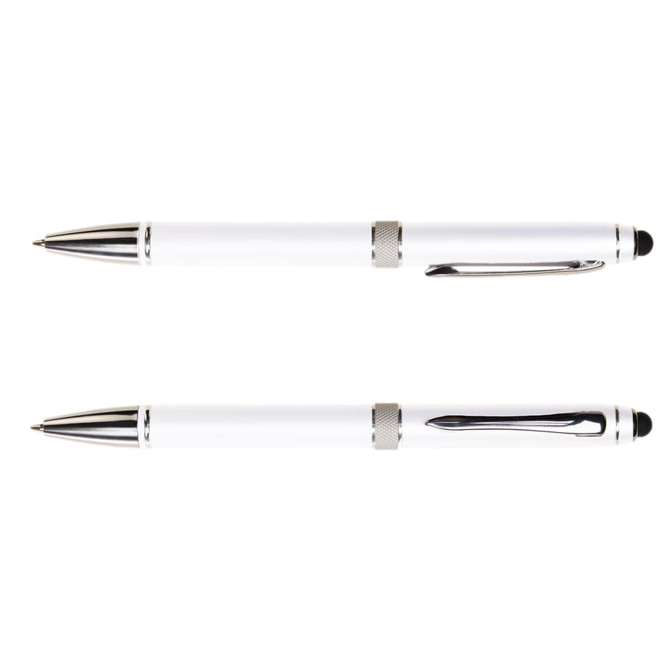 A metal pen with a sleek white body and chrome accents, featuring a smooth writing tip and a stylus for touchscreens.