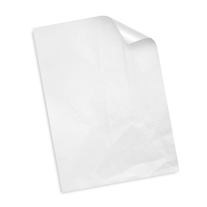A sheet of white tissue paper with a slight curl at the top corner. It has a smooth texture and crinkled appearance.