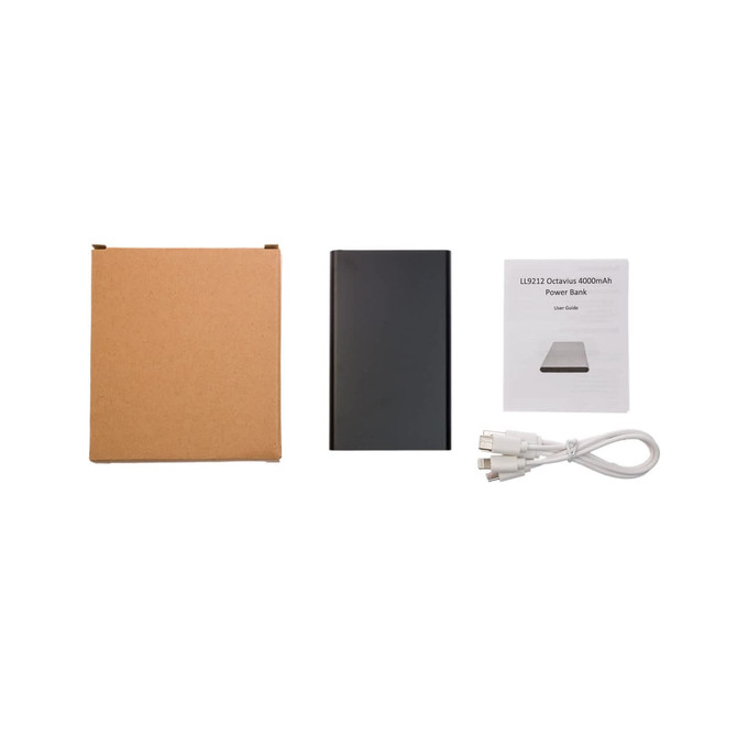 A black 4,000mAh power bank, a user manual, a charging cable, and a brown box are displayed together.