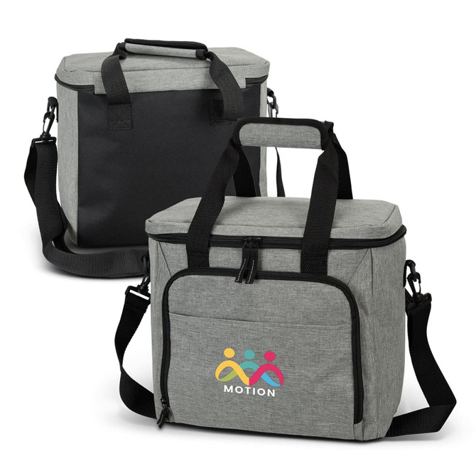 A grey and black cooler bag with a shoulder strap and a front pocket. It features a logo on the front.