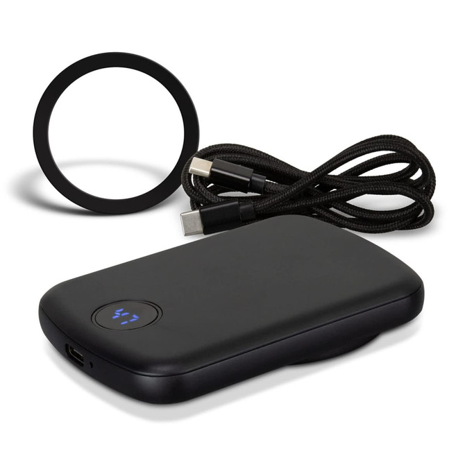 A black wireless charging power bank with a cable and a circular charging pad. It features a logo.