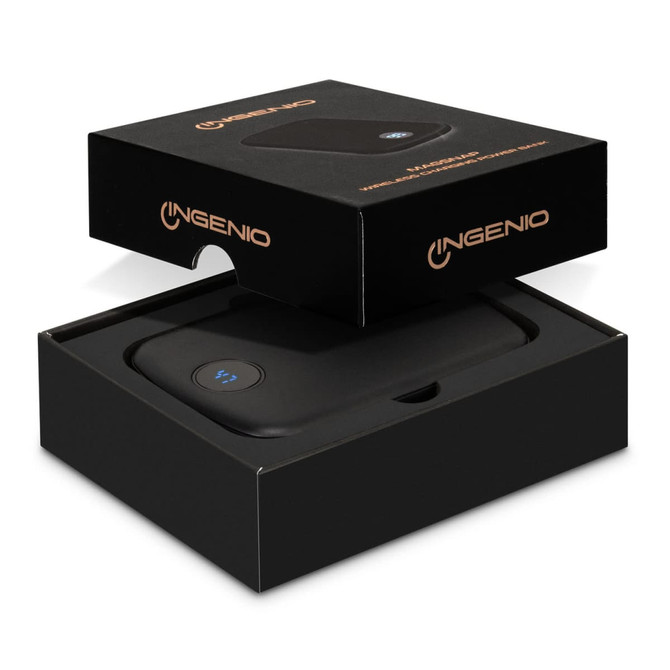 A black wireless charging power bank in an open box, featuring a logo and sleek design.