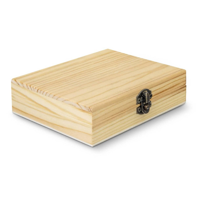 A wooden box with a natural finish and metal clasp, suitable for storing whiskey stones or similar items.