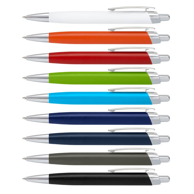 A collection of metal pens in various colours, including white, orange, red, green, blue, and black, with chrome accents.