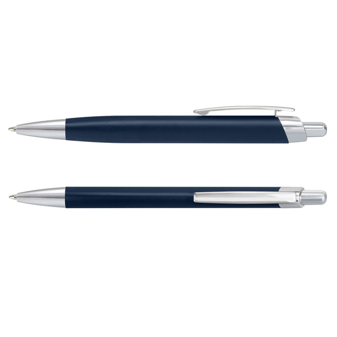 A metal pen set in navy blue with silver accents, featuring a sleek design and a branding logo.