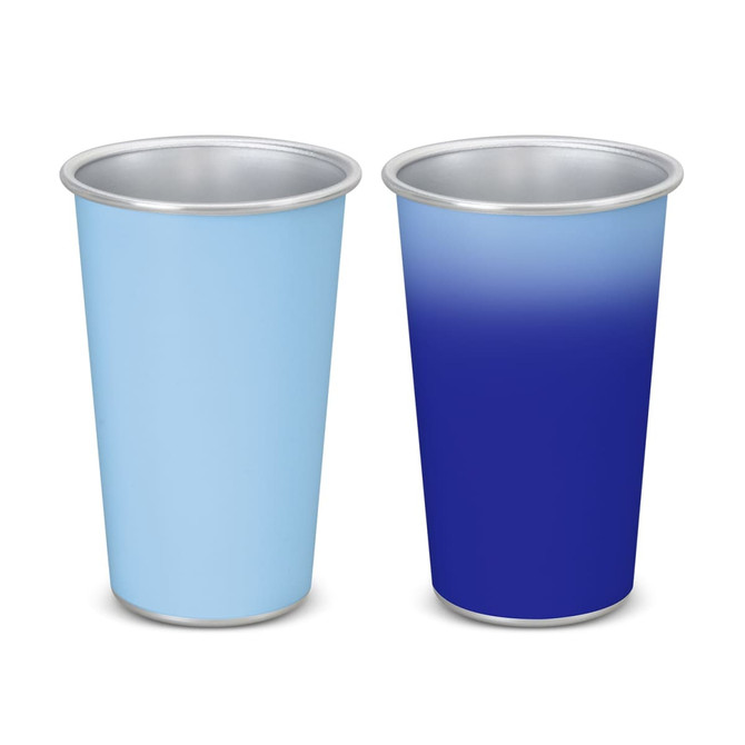 A drink cup in blue, featuring a smooth gradient changing to dark blue, with a metallic interior and a logo.