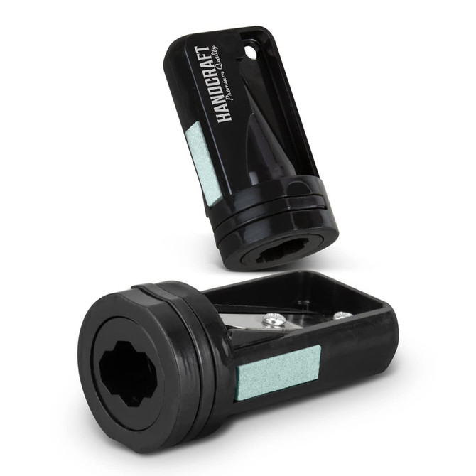 A black carpenter's pencil sharpener with a removable cap, featuring a sanding surface and a logo.