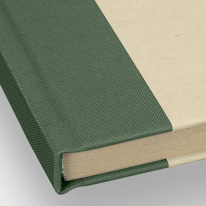 A green and brown hardcover notebook with textured cover and exposed spine, featuring a logo on the front.