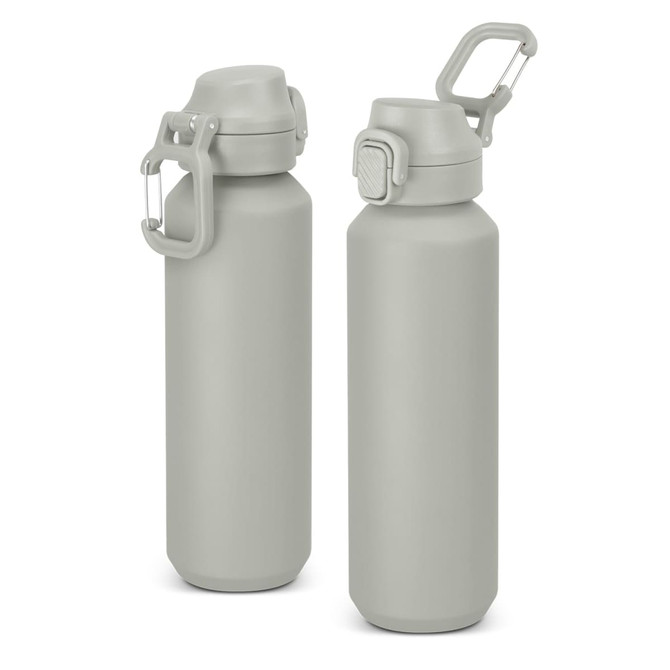 A drink bottle in a muted green colour with a screw cap and a carabiner clip, features a logo.