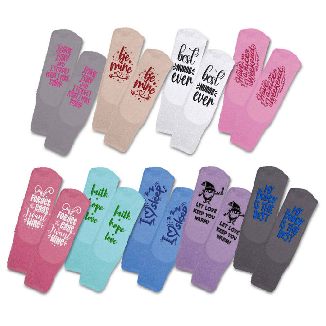 A collection of colourful fluffy grip socks in various designs, featuring multiple patterns and text elements.