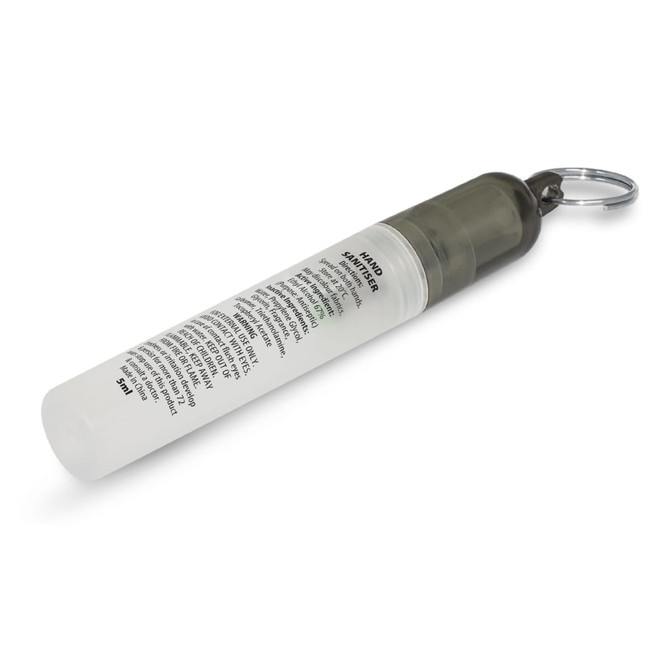 A mini hand sanitiser key ring in a clear container with a dark grey cap, featuring a metal key ring attachment.
