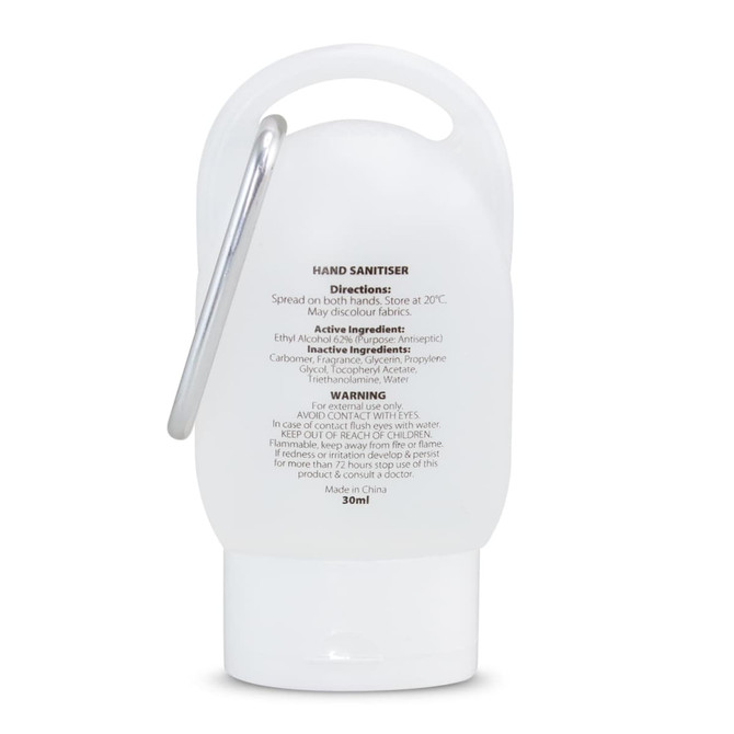A white 30ml gel hand sanitiser bottle with a clip and a flip-top cap, featuring a logo on the front.
