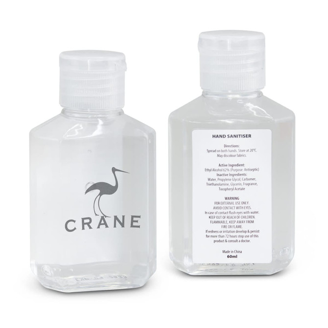 A clear, rectangular bottle of hand sanitiser gel, featuring a logo and a white flip-top cap. Contains 60ml.