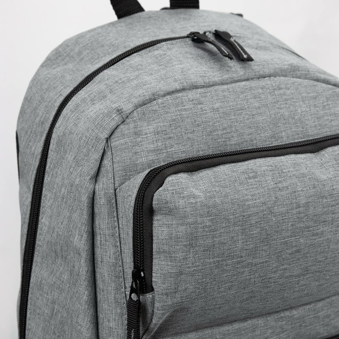 A grey backpack featuring multiple zippered pockets and a textured fabric design, with a logo on the side.