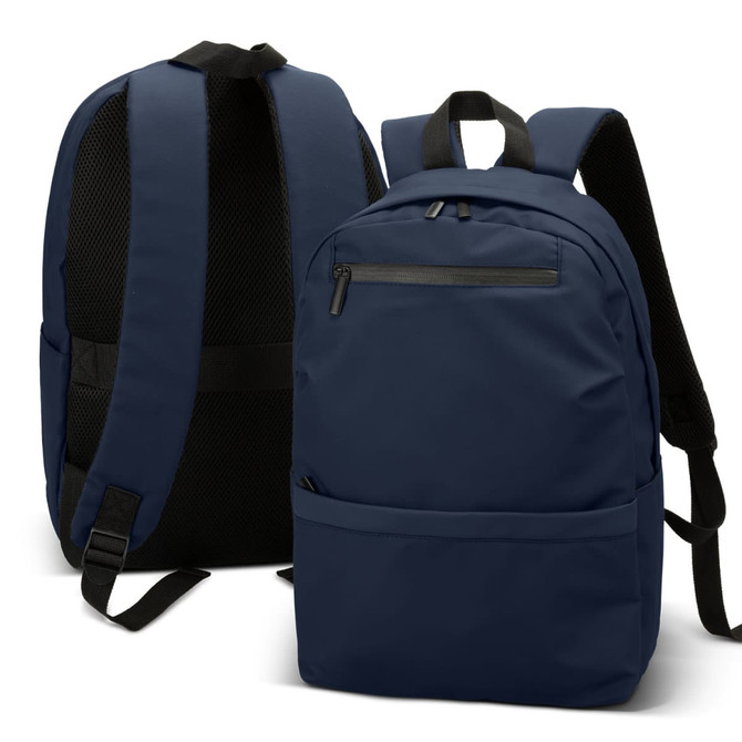 A navy backpack with a smooth finish and padded straps, featuring a front zip pocket and a mesh back panel.