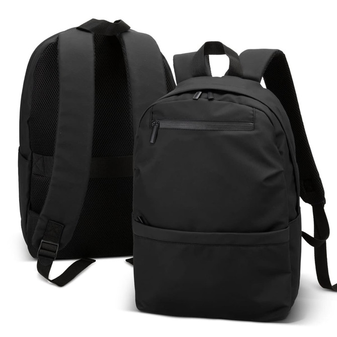 A black soft touch backpack featuring adjustable straps and mesh backing, with multiple pockets and a logo.