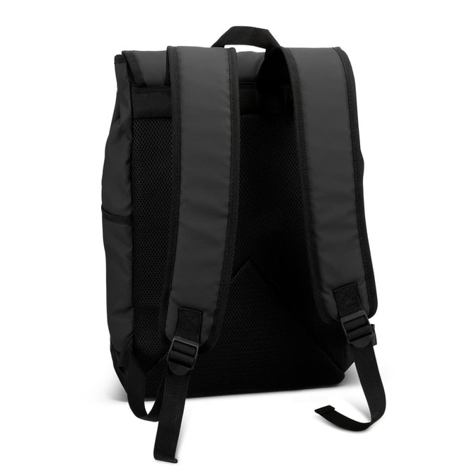 A black Trek Soft Touch Backpack with padded straps and a mesh back panel. It has a logo visible.