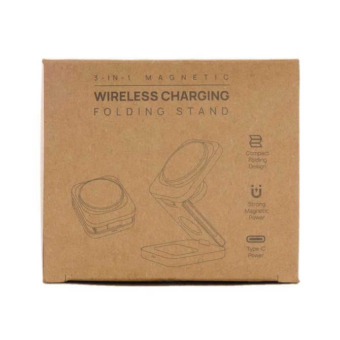 A compact brown box containing a 3-in-1 wireless charger with a folding stand design and magnetic features.