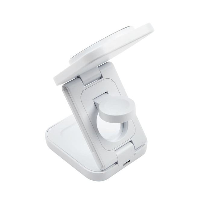A white 3-in-1 wireless charger with an adjustable stand and a round charging pad. It includes a logo on its surface.