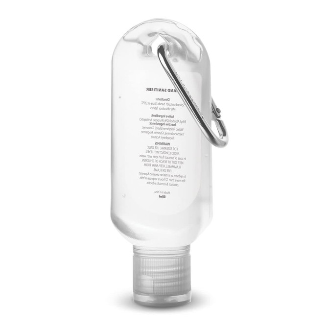 A clear carabiner hand sanitiser bottle, 55ml, featuring a silver clip and a flip-top cap.