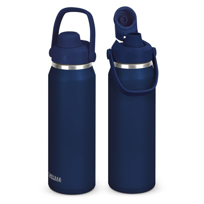 A drink bottle in navy blue with a silver band and a flip-top lid, featuring a carry handle and branding.