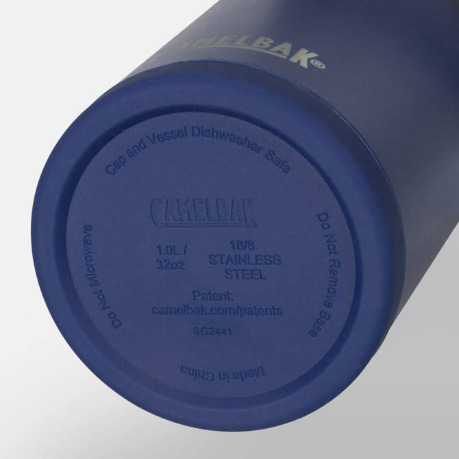 A drink bottle featuring a navy blue stainless steel design with a logo on the side and a base indicating care instructions.