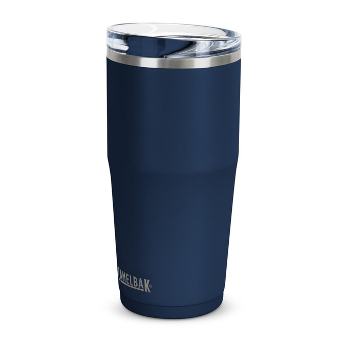 A drink bottle in navy blue with a stainless steel rim and a clear lid, featuring a brand logo.