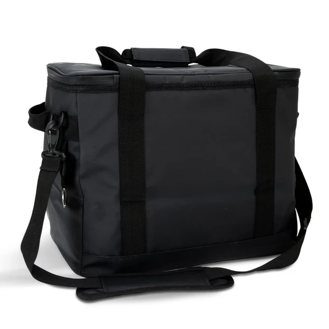 A black cooler bag with sturdy handles and a removable shoulder strap, featuring a logo on the front.
