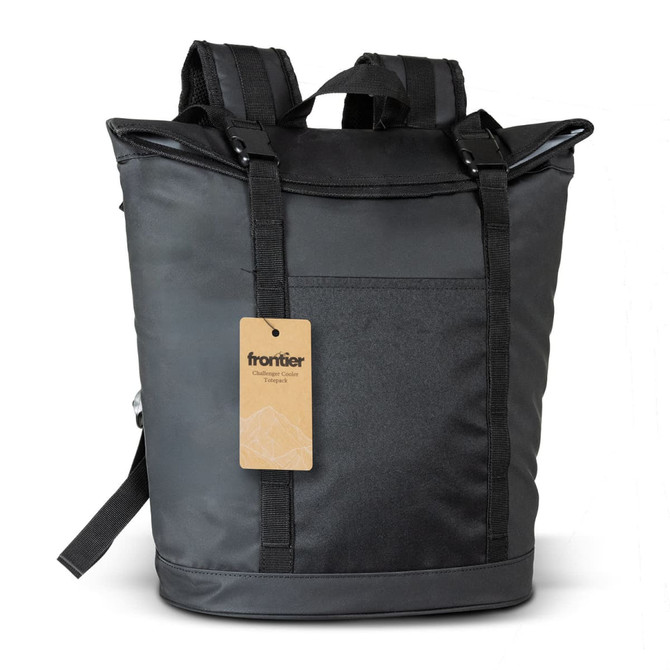 A black cooler toting bag with dual shoulder straps and a front pocket, featuring a tag and a simple logo.