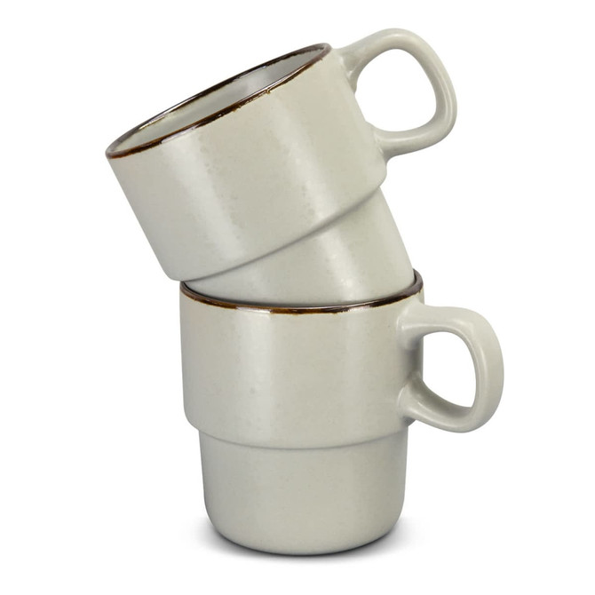 A set of two stackable coffee mugs in light grey with a brown rim, featuring a simple design and a handle.